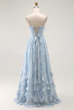 Blue Flower A Line Corset Ruffled Chiffon Long Bridesmaid Dress with Slit