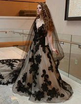 A Line V Neck Open Back Court Train Black Wedding Dress With Veil