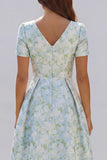 Blue White Floral A Line V Neck Wedding Guest Dress with Short Sleeves