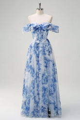White Blue Flower A Line Off the Shoulder Ruched Corset Maxi Dress with Slit