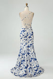 Blue Flower Mermaid Floral Print Backless Long Bridesmaid Dress With Slit