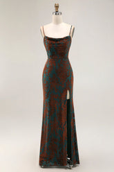 Dark Green Sheath Spaghetti Straps Long Burnout Velvet Dress with Slit