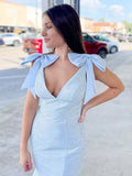 Sky Blue V Neck Mermaid Satin Long Prom Dress With Bow