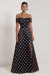 Off the Shoulder Black White Polka Dot A Line Maxi Formal Dress with Slit