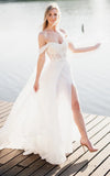 A Line Lace White Lace Up Off the Shoulder Wedding Dress with Slit