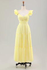 Simple Lemon Yellow A Line Pleated Chiffon Wedding Party Guest Dress with Ruffles