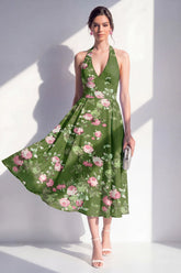Dark Green Floral Halter A Line Midi Wedding Guest Dress