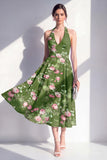 Dark Green Floral Halter A Line Midi Wedding Guest Dress