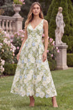 Floral V Neck A Line Sage Wedding Guest Dress
