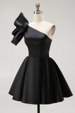 Black A Line Satin One Shoulder Mini Cocktail Dress
