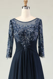 Navy Scoop Neck Appliqued A Line Long Chiffon Dress with 3 4 Sleeves
