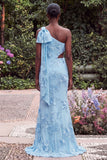 One Shoulder Mermaid Lilac Floral Embroidery Cut Out Maxi Dress with Bow