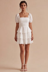 White A Line Tiered Ruffle Square Neck Mini Dress with Puff Sleeves