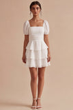White A Line Tiered Ruffle Square Neck Mini Dress with Puff Sleeves