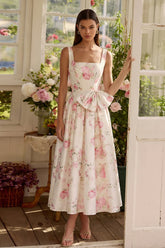White Floral Square Neck A Line Midi Wedding Guest Dress with Bow