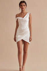 Bodycon Asymmetrical Neck Ruched Little White Dress