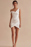 Bodycon Asymmetrical Neck Ruched Little White Dress