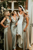 Sheath V Neck Sage Green Silk Satin Bridesmaid Dress with Bow