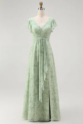 Dusty Sage A Line Chiffon Flutter Sleeves Print Floral Bridesmaid Dress with Slit
