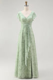 Dusty Sage A Line Chiffon Flutter Sleeves Print Floral Bridesmaid Dress with Slit