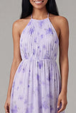 Halter Pleated Floral A Line Lilac Midi Wedding Guest Dress