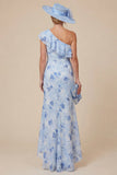 Light Blue Floral Mermaid Ruffled One Shoulder High Low Mother of the Bride Dress