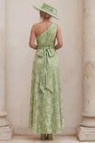 One Shoulder A Line Sage Green Floral Mother of the Bride Dress with Back Bow
