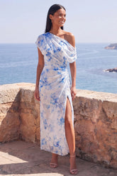 One Shoulder Blue Flower Wedding Guest Dress with Slit