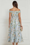 Off the Shoulder Light Blue Floral A Line Midi Wedding Guest Dress