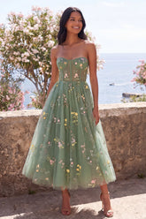 Dusty Sage A Line Sweetheart Embroidered Floral Midi Dress