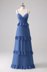 Dark Blue A Line Chiffon Tiered Long Bridesmaid Dress with Lace Up Back