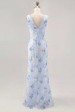 Blue Flower Sheath Printed Long Wedding Party Dress