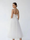 A Line Spaghetti Straps White Satin Tulle Tea Length Wedding Dresses