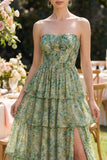 A Line Strapless Dusty Green Floral Wedding Guest Dress with Slit