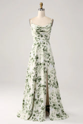 A Line Cowl Neck Printed Long Green Bridesmaid Dress With Slit
