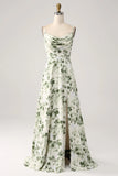A Line Cowl Neck Printed Long Green Bridesmaid Dress With Slit
