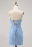 Blue Bodycon Strapless Beaded Short Homecoming Dress with Lace Up Back