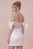 Satin Bodycon Off the Shoulder White Graduation Dress with Bows