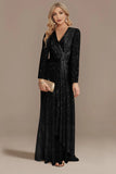 Sparkly Navy A Line V Neck Mother Of Bride Dress with Long Sleeves