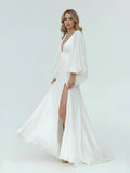 White Satin Simple A Line Long Wedding Dress with Slit