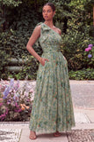 One Shoulder Sage Flower A Line Wedding Guest Dress with Bow