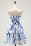 Strapless White Blue Flower A Line Corset Mini Homecoming Dress with Ruffles