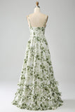 Green A Line Spaghetti Straps Printed Floral Maxi Dress With Slit