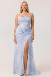 Blue Floral Spaghetti Straps Mermaid Streamer Corset Long Plus Size Bridesmaid Dress with Slit