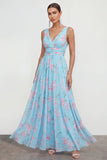 Floral A Line V Neck Sleeveless Blue Wedding Guest Dress