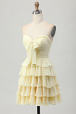 Light Yellow Strapless Tiered Ruched A Line Short Homecoming Dress