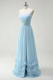 Sky Blue A Line Cowl Neck Corset Floor Length Bridesmaid Dress with Ruffle Slit
