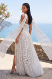 White Black Strapless Polka Dot Dress with Slit