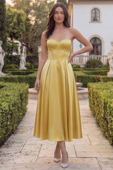 Golden Strapless A Line Corset Satin Midi Wedding Guest Dress
