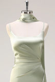 Sage Sheath Spaghetti Straps Streamer Convertible Long Satin Bridesmaid Dress with Slit